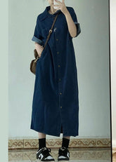Elegante vestido de camisa vaquera con cuello Peter Pan y patchwork en azul marino